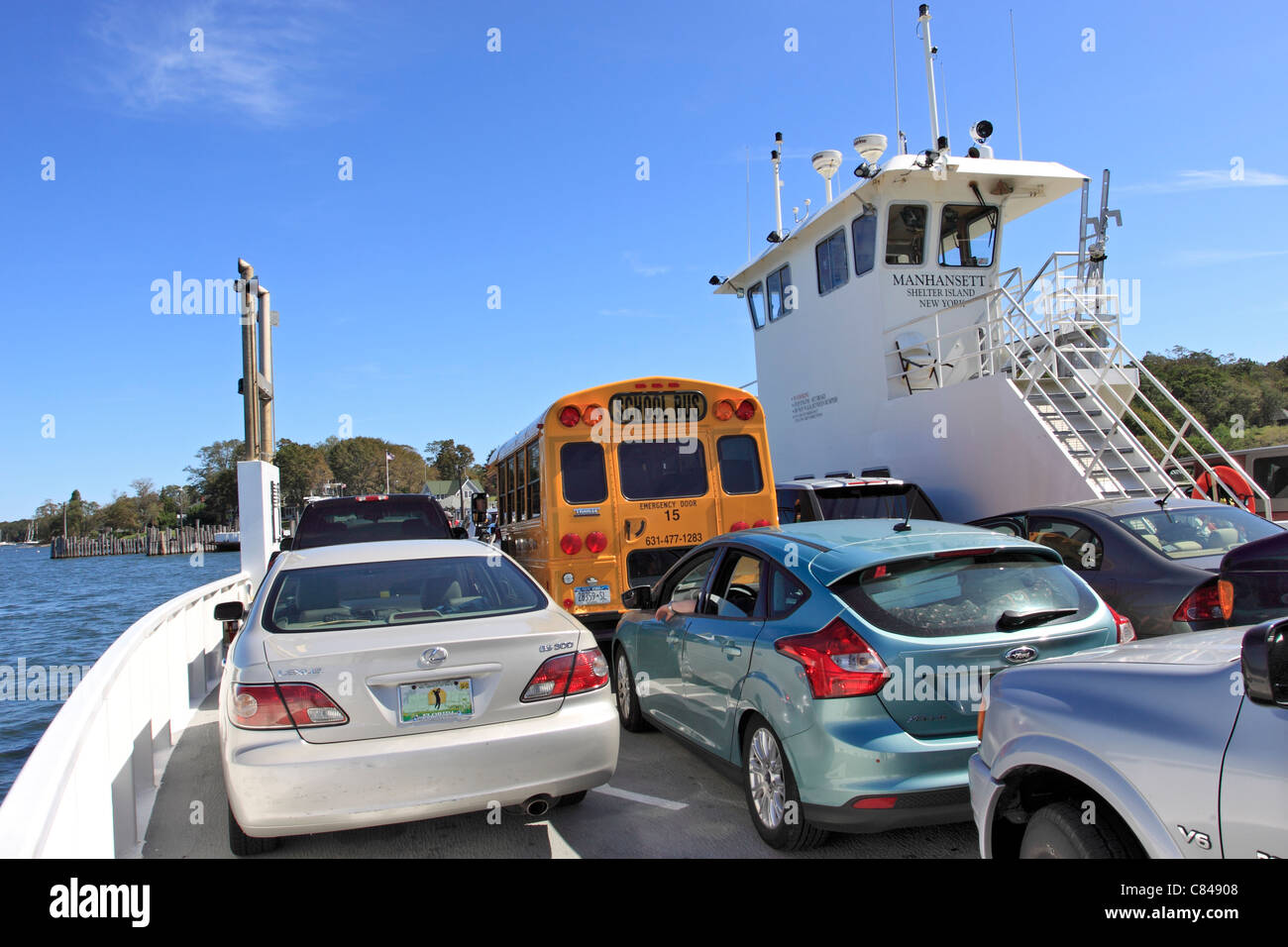 Passengers and cars on ferry from Greenport to Shelter Island Long