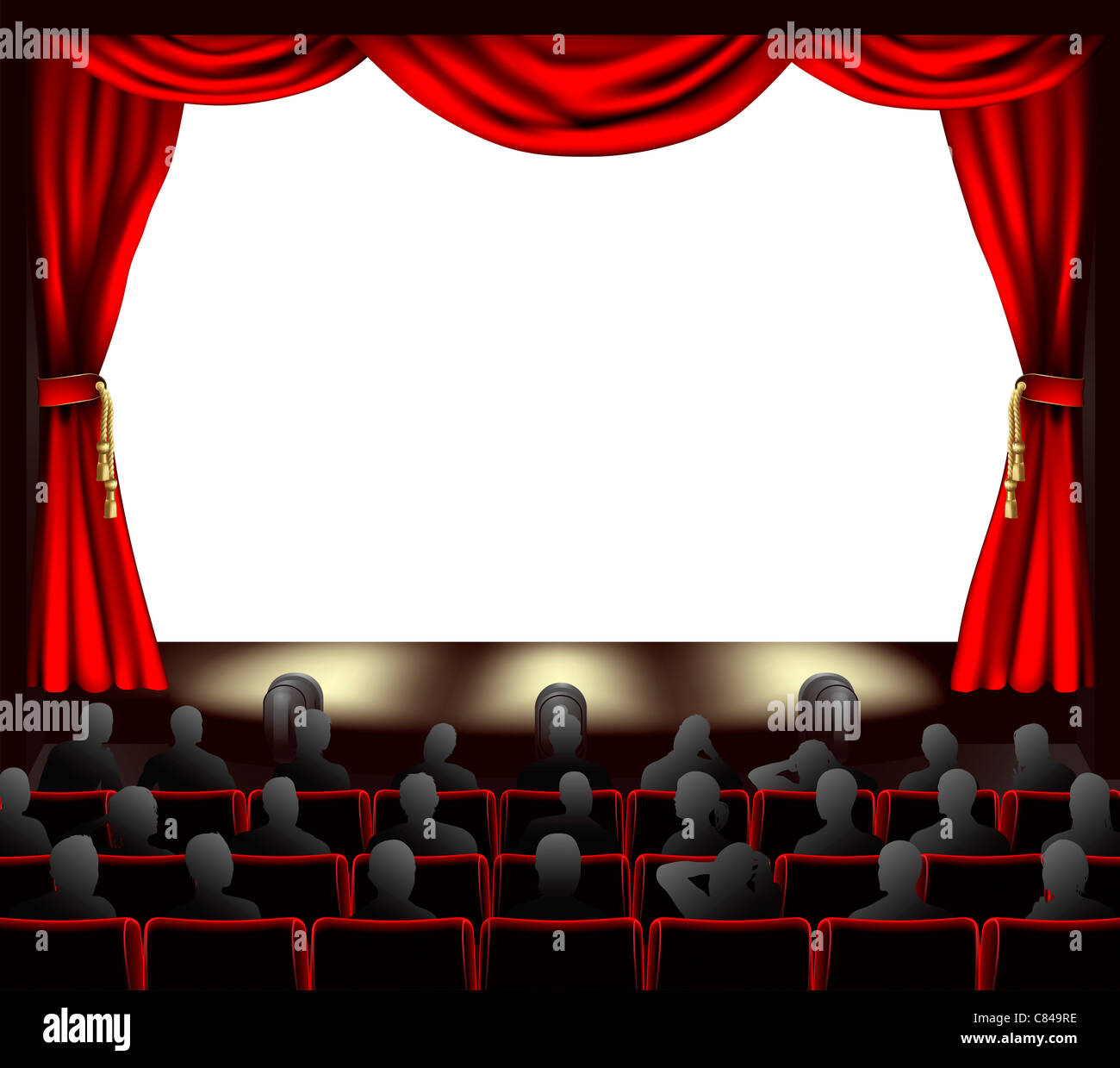 Cinema with curtains and audience. Space to place anything on stage