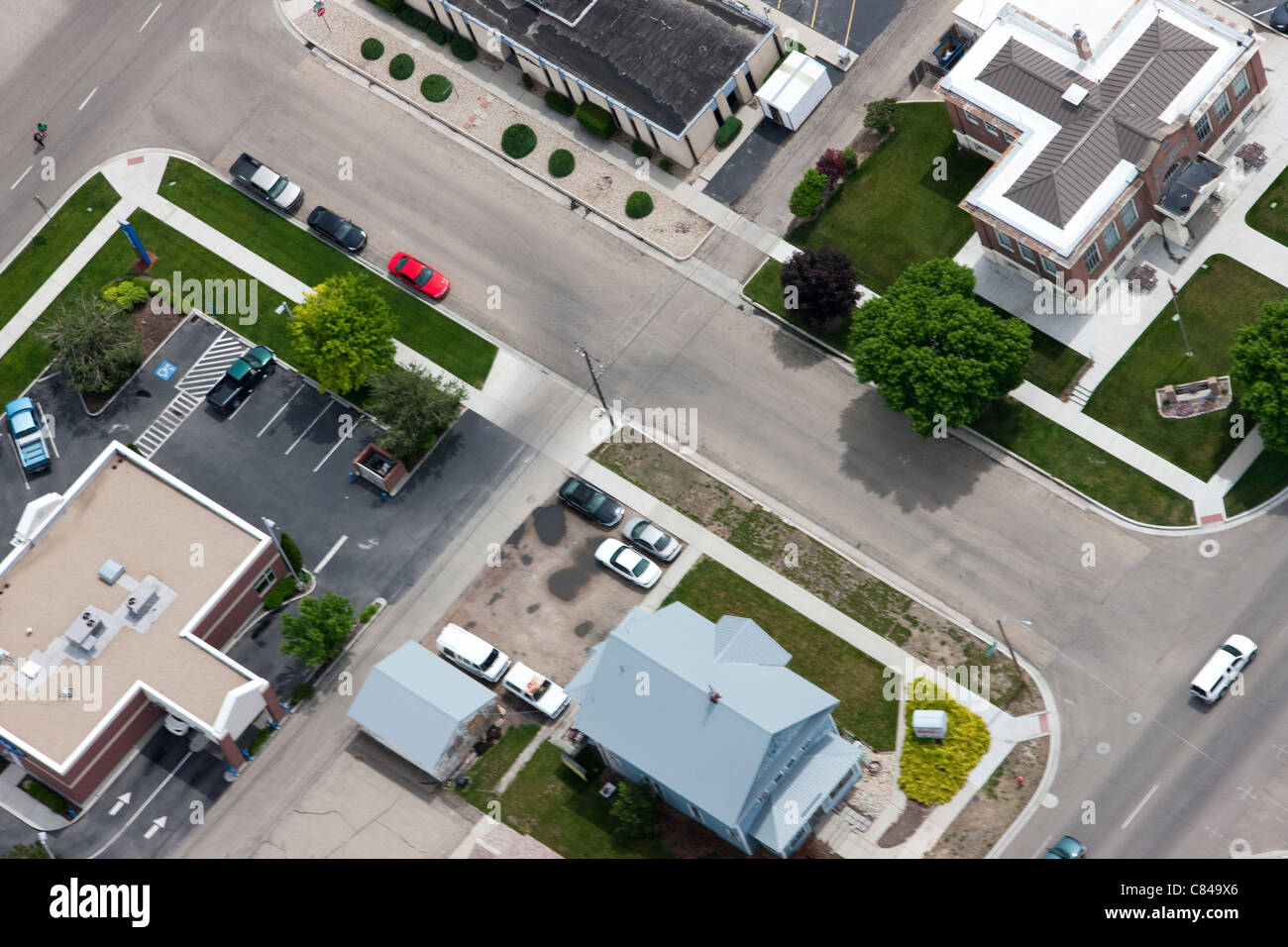 Aerial view of town roads and buildings Stock Photo