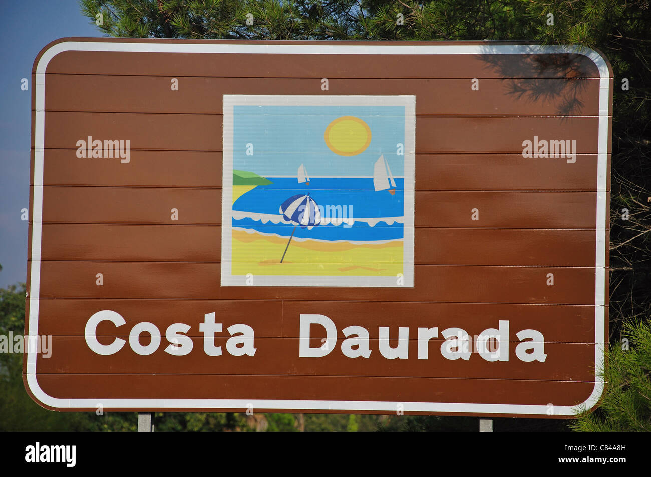 Costa Daurada sign, Costa Daurada, Province of Tarragona, Catalonia, Spain Stock Photo