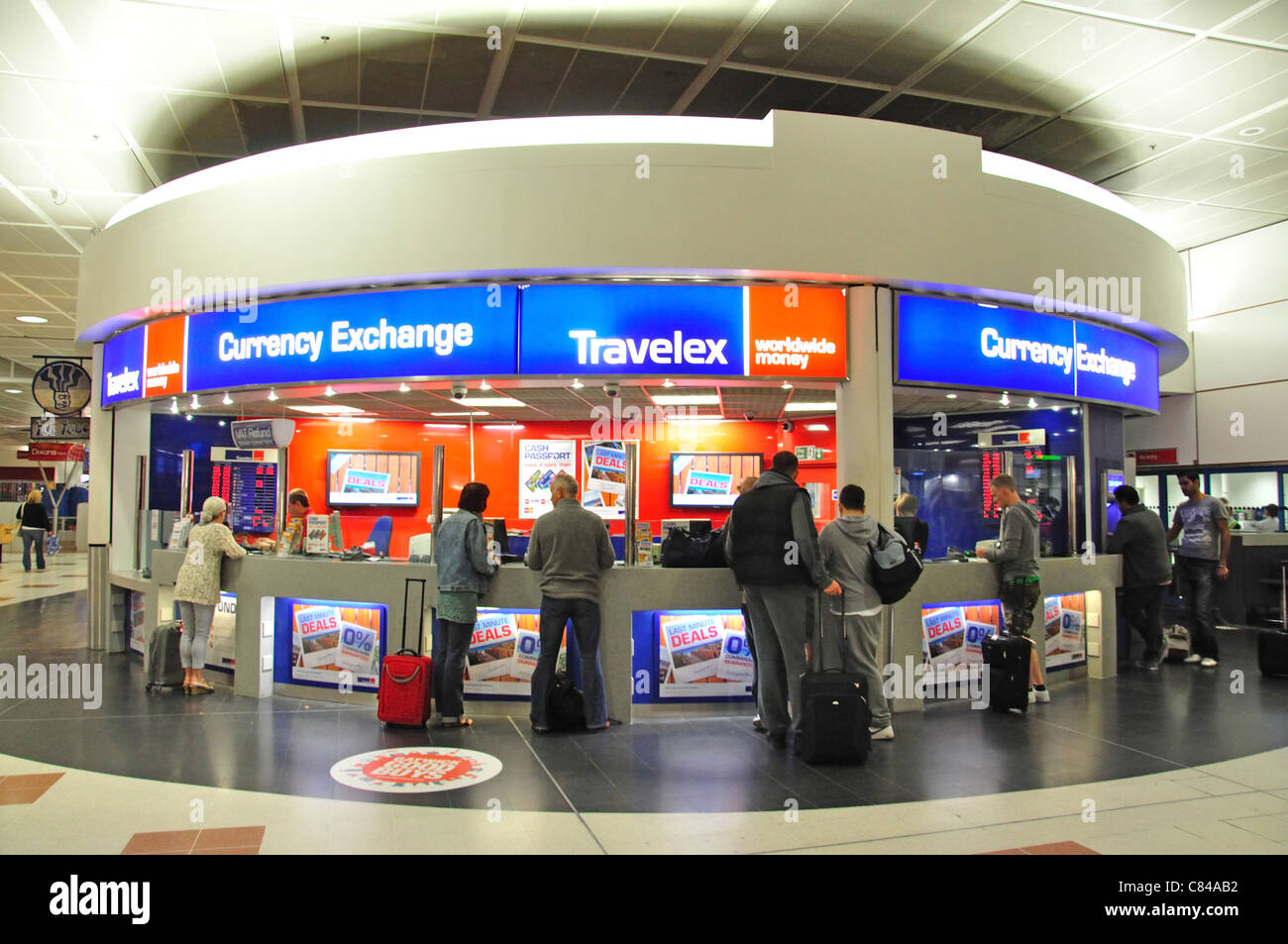 Travelex Currency Exchange in departures, North Terminal, London Gatwick Airport, Crawley, West Sussex, England, United Kingdom Stock Photo