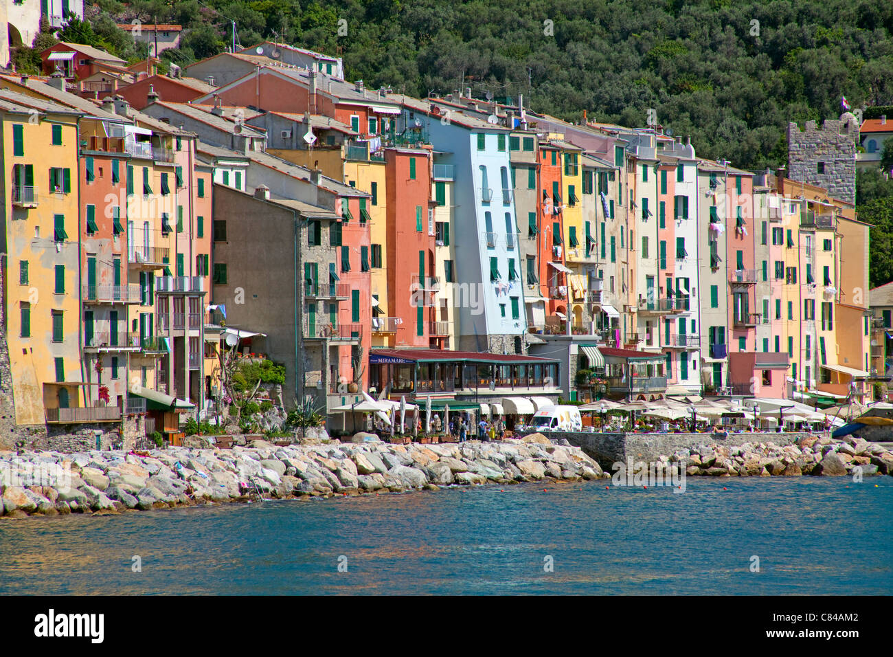 Colourful row of houses at Porto Venere, province La Spezia, Liguria di Levante, Italy, Mediterranean sea, Europe Stock Photo