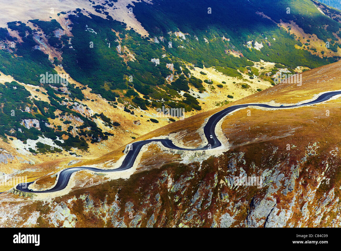 Aerial view of Transalpina, the highest road in Romania, crossing the Parang mountains Stock Photo