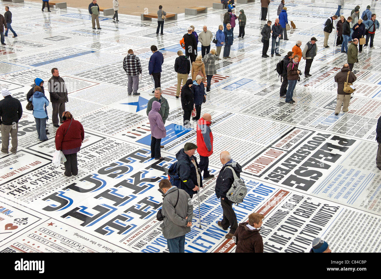 BLACKPOOL,ENGLAND, MON 10TH OCT, 2011. The Blackpool Comedy Carpet opens on the beachside resort's promenade. The piece, created by artist Gordon Young, features 1000s of catchphrases from comedians who have performed in Blackpool over the years. Stock Photo