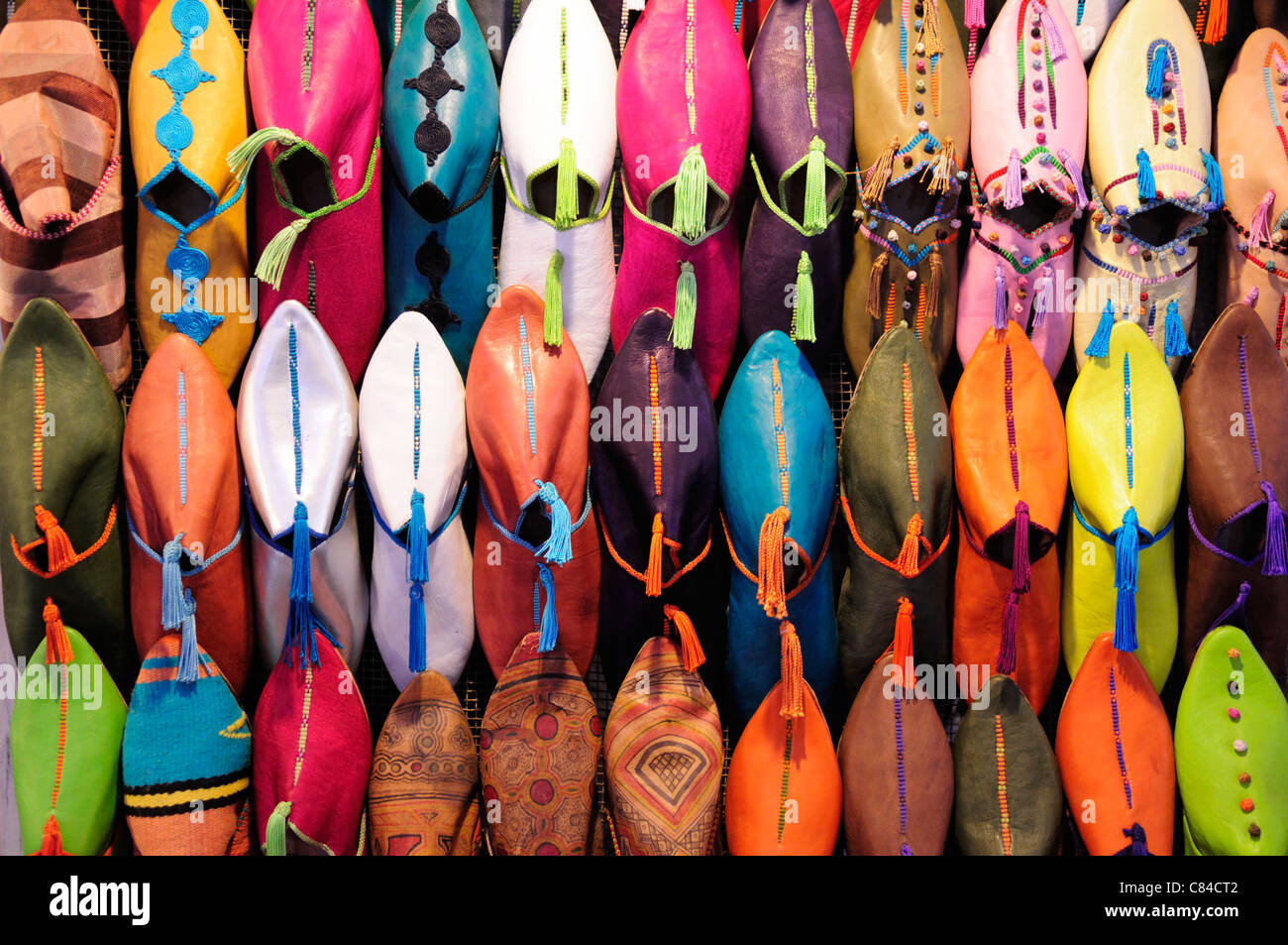 Babouches for sale in The Medina, Marrakesh, Morocco Stock Photo