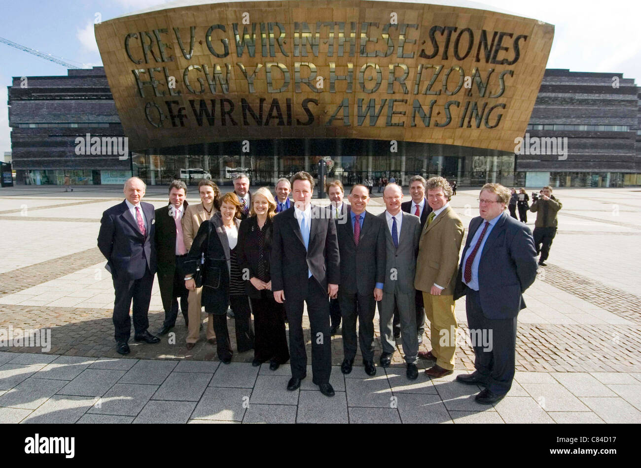 David Cameron the Conservative leader with members of his shadow cabinet outside the Wales Millennium Centre in Cardiff Bay. Stock Photo