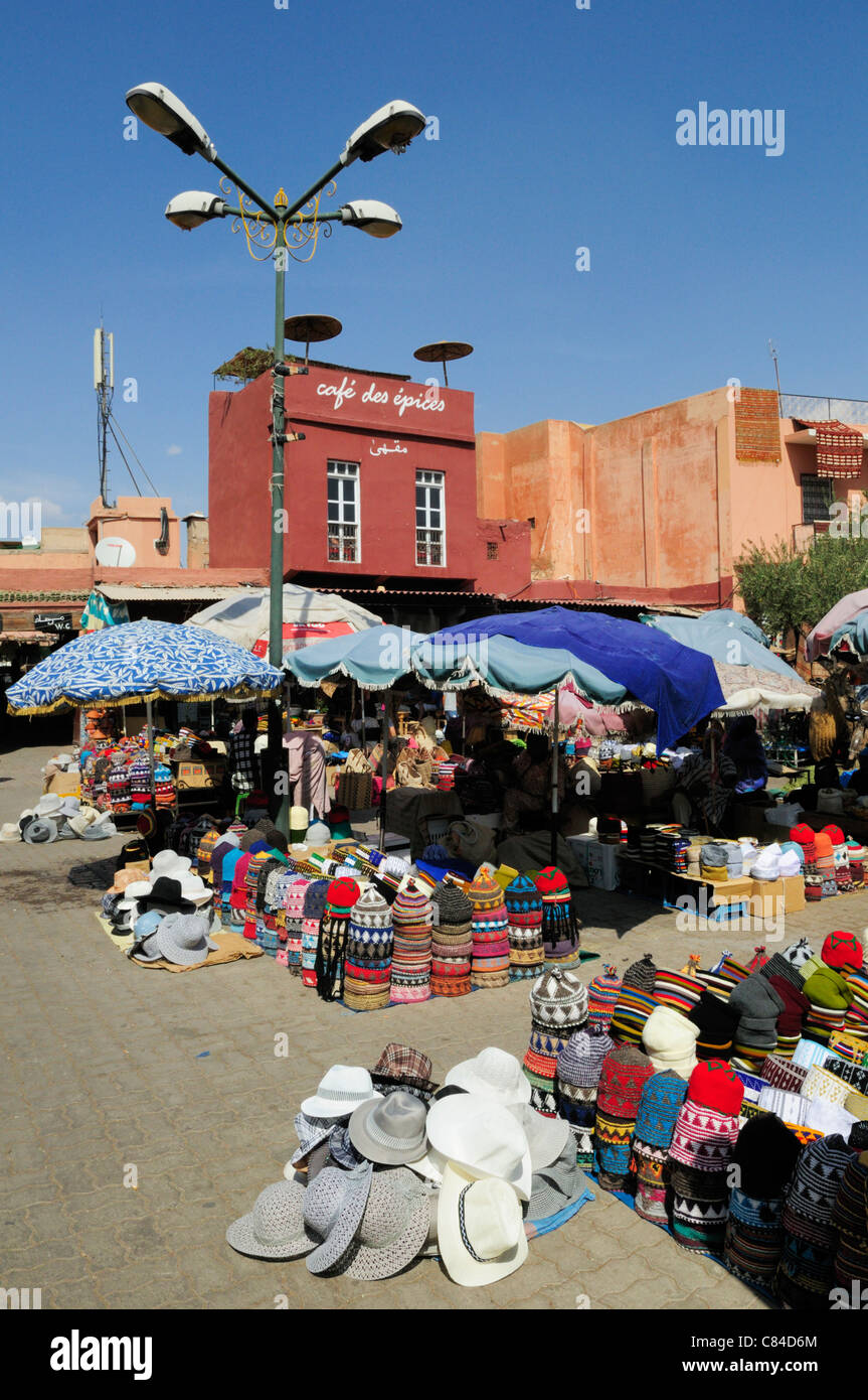 Hats for Sale on Place Rahba Kedima, Marrakesh, Morocco Stock Photo