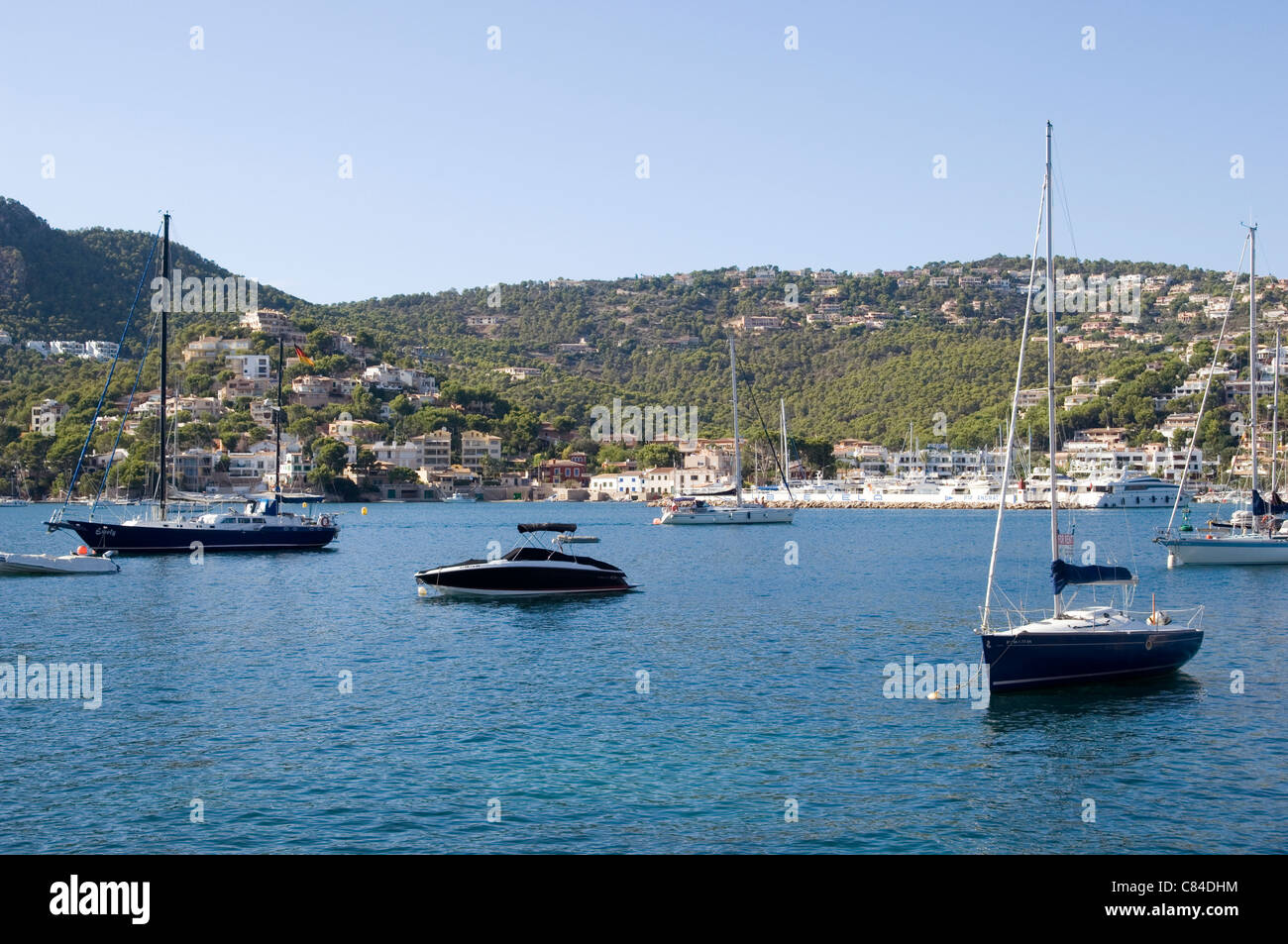 Mallorca, Puerto d'Andratx, yachts at anchor, end of the day Stock Photo