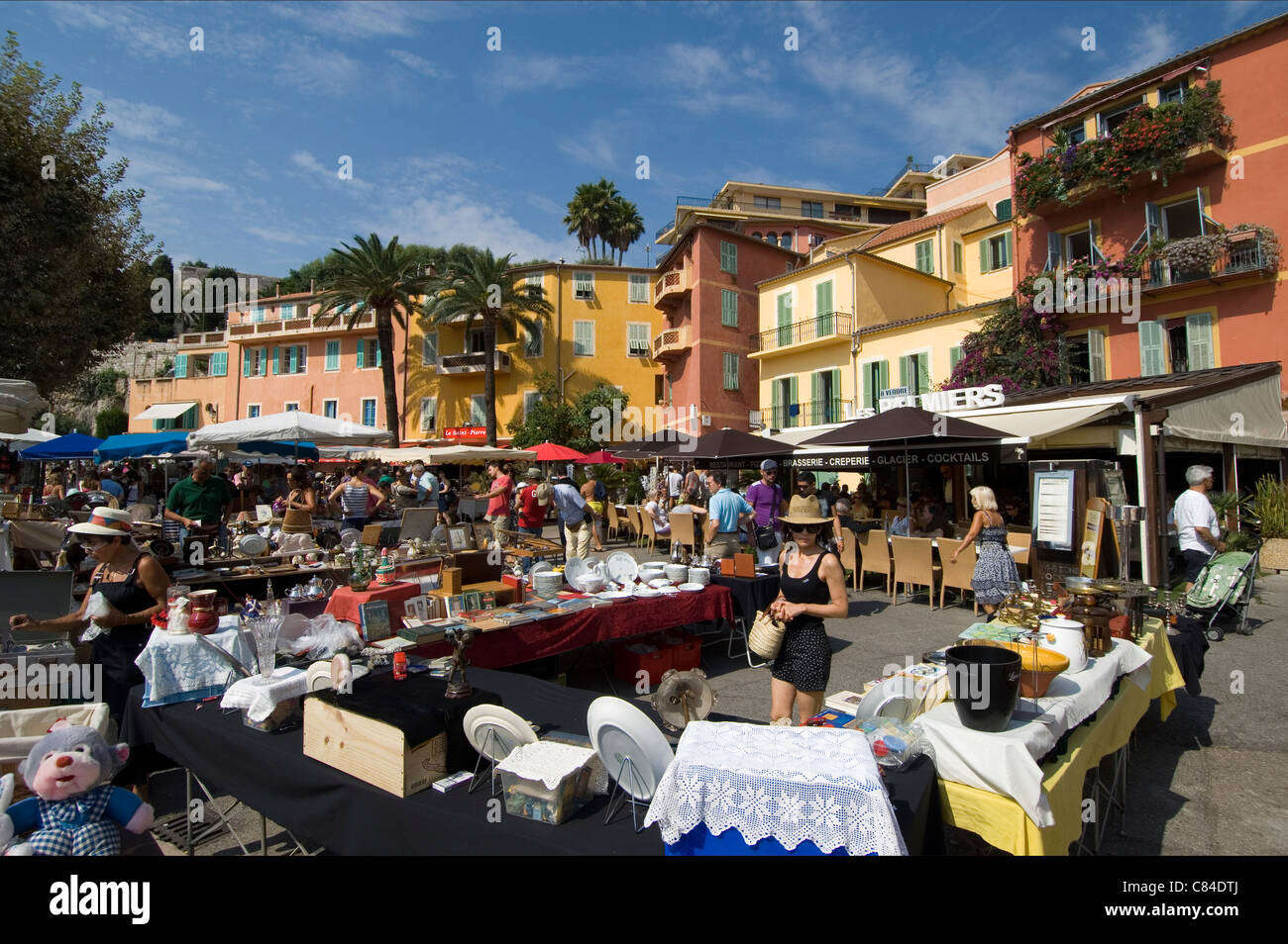 Villefranche sur Mer, antiques market, tourists, locals Stock Photo