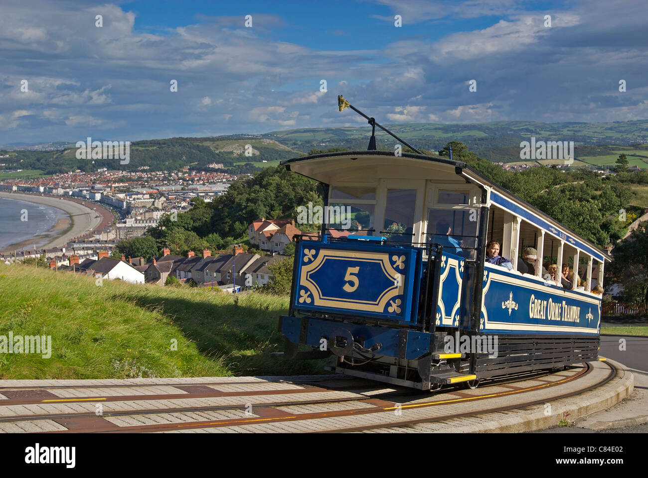 Great Orme tram at Llandudno with the east bay in the background. Clwyd Stock Photo