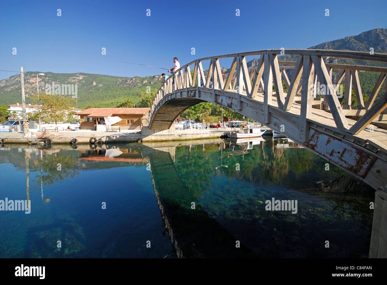 AKYAKA, TURKEY. A wooden footbridge over the Azmak river. 2011. Stock Photo