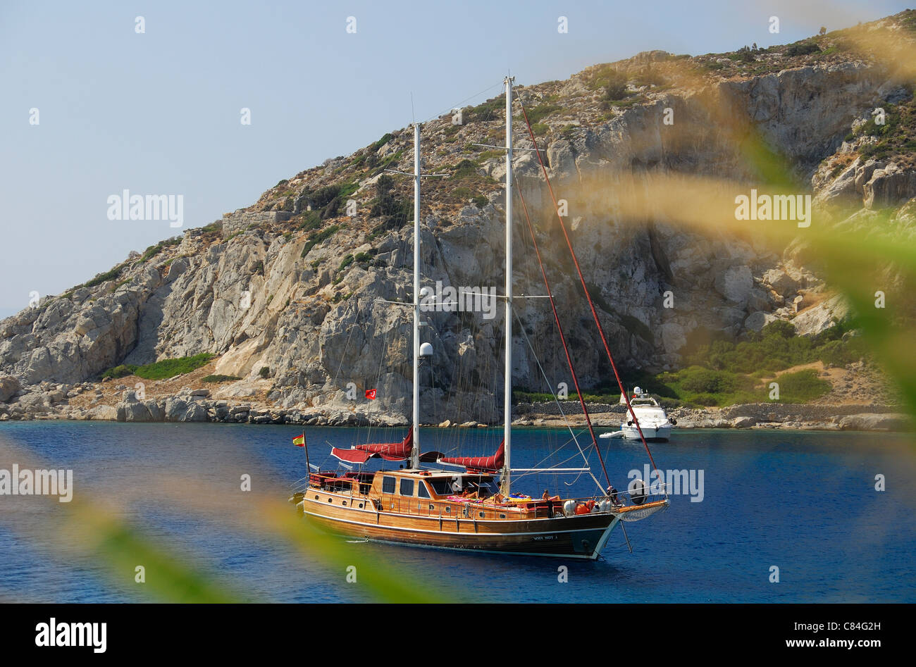 KNIDOS, DATCA PENINSULA, TURKEY. A traditional Turkish gulet moored in the harbour at ancient Knidos. 2011. Stock Photo
