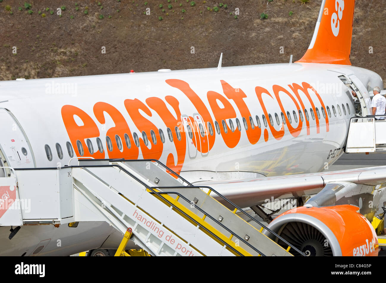 Close up of EasyJet plane airplane aircraft fuselage parked at Funchal airport Madeira Portugal EU Europe Stock Photo