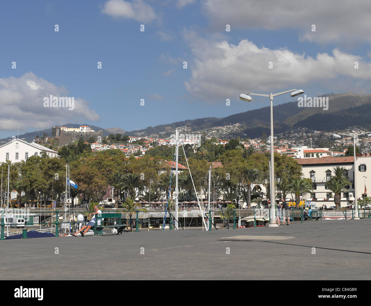 Looking from the pier marina harbour to Funchal town city Madeira Portugal EU Europe Stock Photo