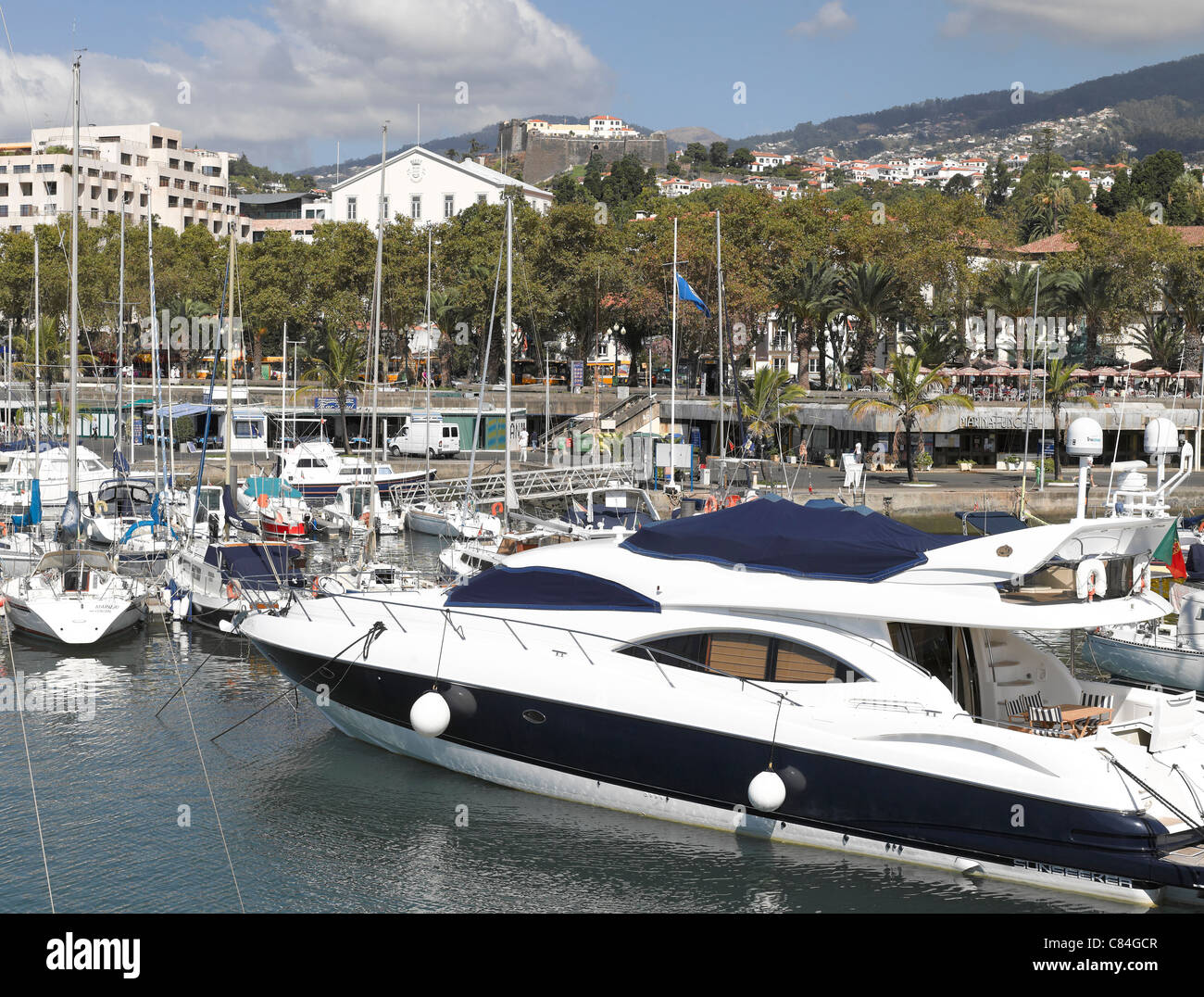 Luxury sunseeker boat boats in the marina Funchal harbour Funchal Madeira Portugal EU Europe Stock Photo