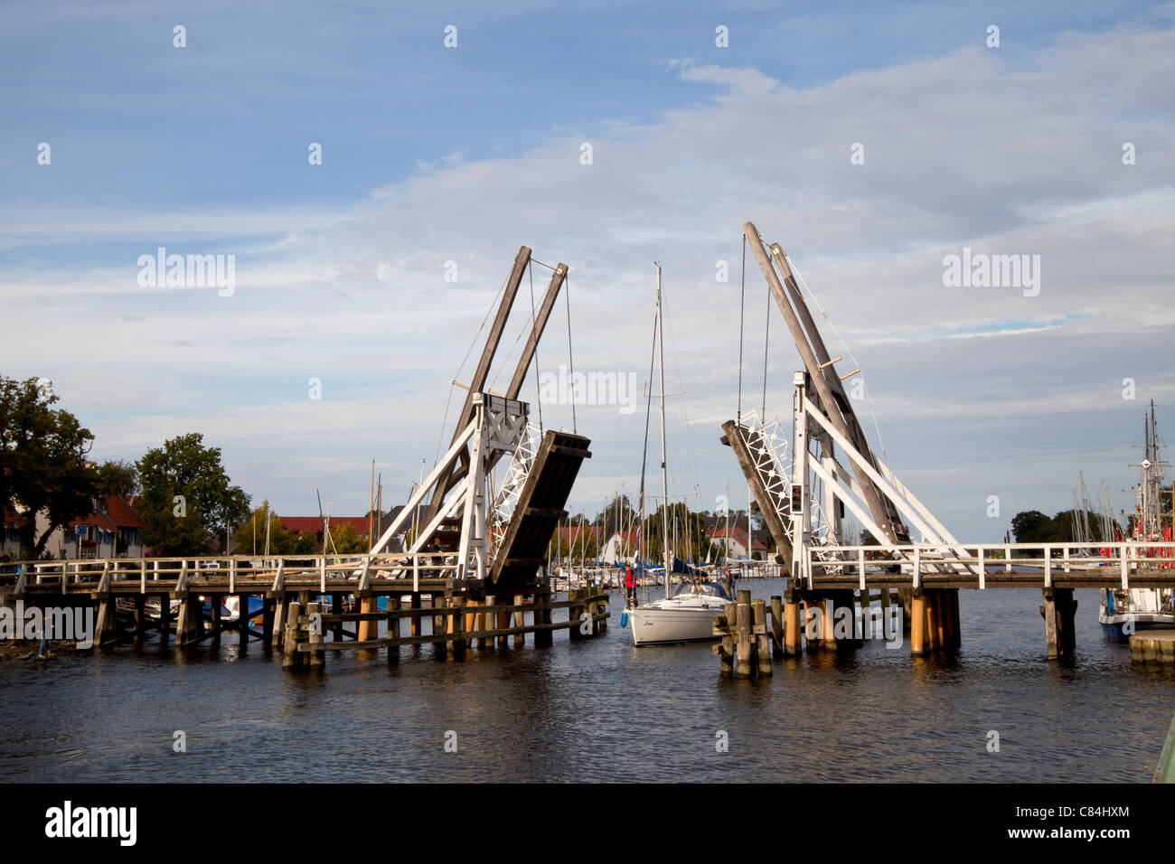 the historical wooden bascule bridge in Wieck, Hanseatic City of Greifswald, Mecklenburg-Vorpommern, Germany Stock Photo