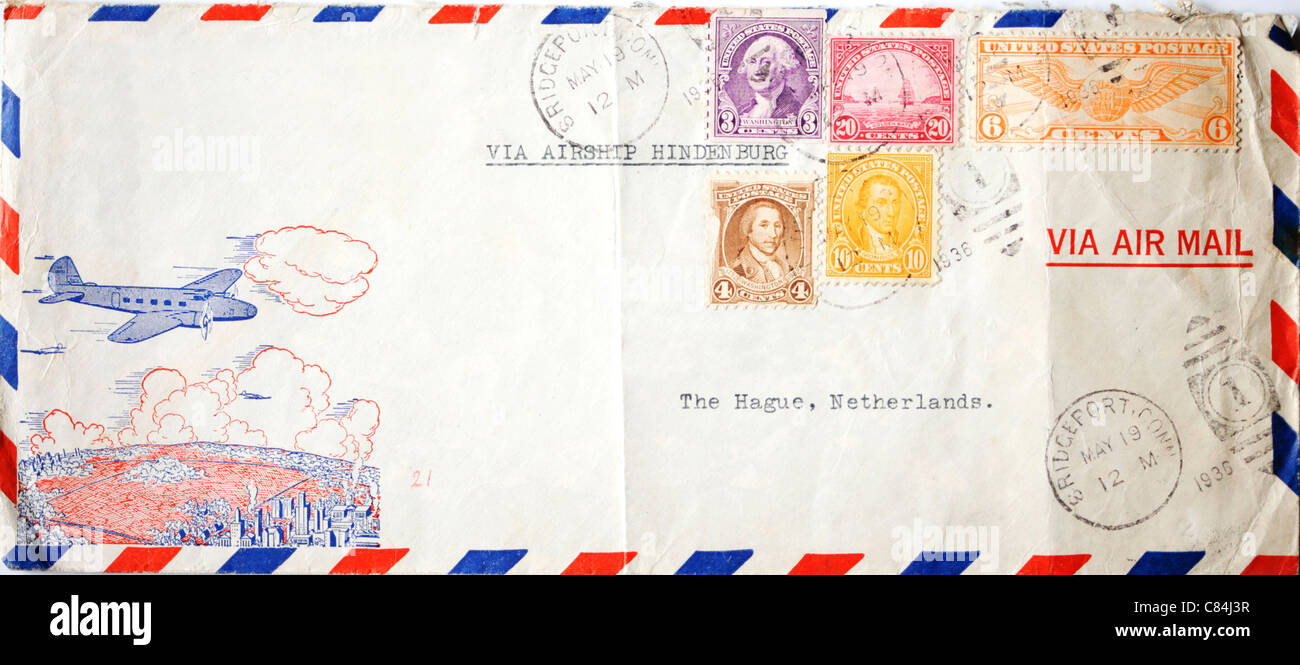 Antique airmail envelope with american postage stamps sent with the Airship Hindenburg (which exploded in 1937) Stock Photo