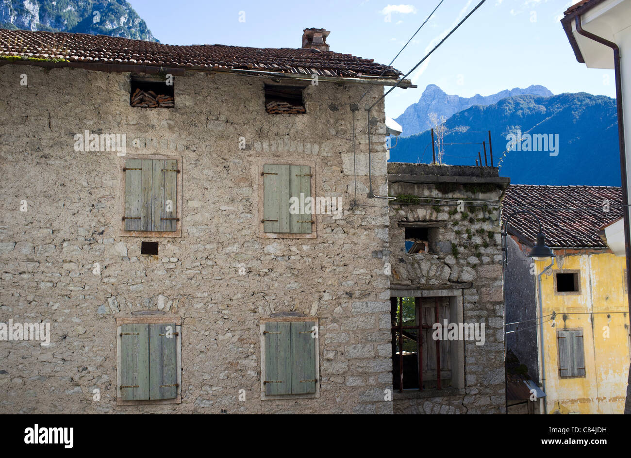 A genaral view of the  village of Erto near  the Vajont dam, Veneto Italy now nearly abandoned on the day of the 48th anniversar Stock Photo