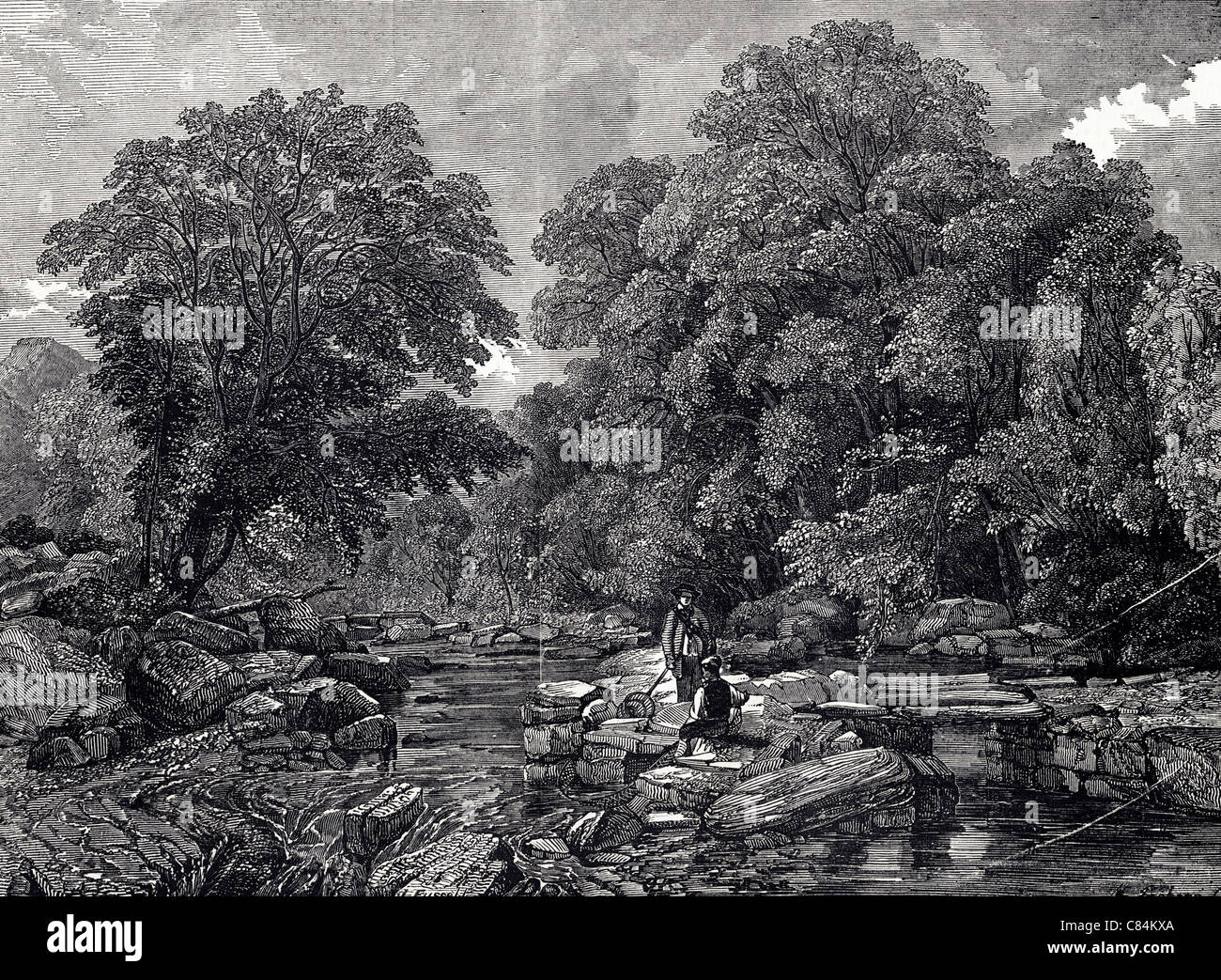Victorian engraving circa 1849 of RIVER SCENE NORTH WALES painted by ...