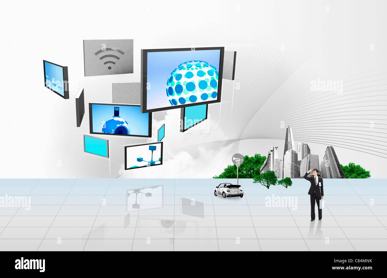 A man looking up the blue screen monitors Stock Photo - Alamy