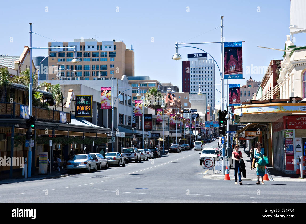 The Colourful Hindley Street Full of Shops and Restaurants in the City of Adelaide South Australia Stock Photo