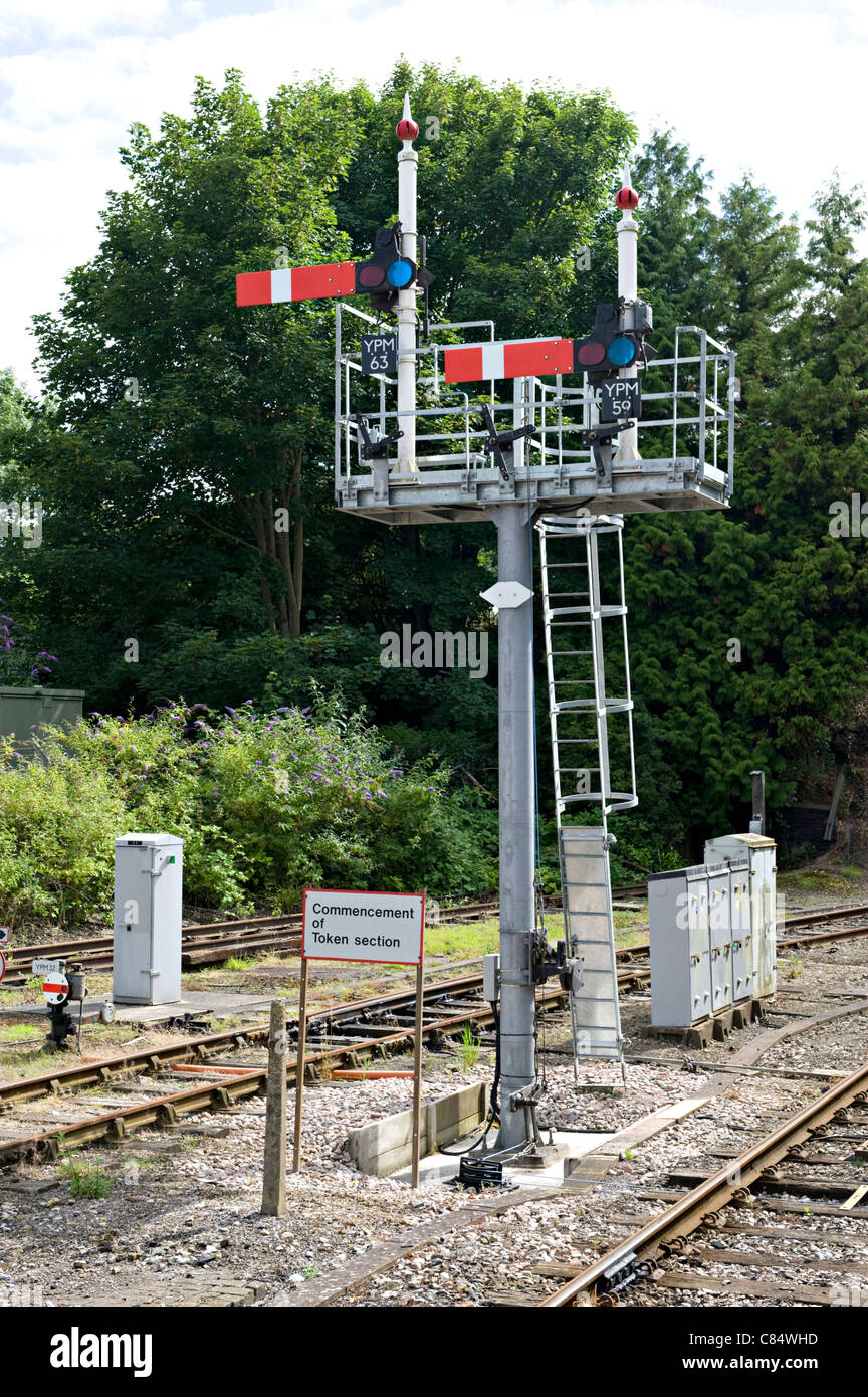 Semaphore Starting signals at Yeovil Pen Mill Station, UK Stock Photo