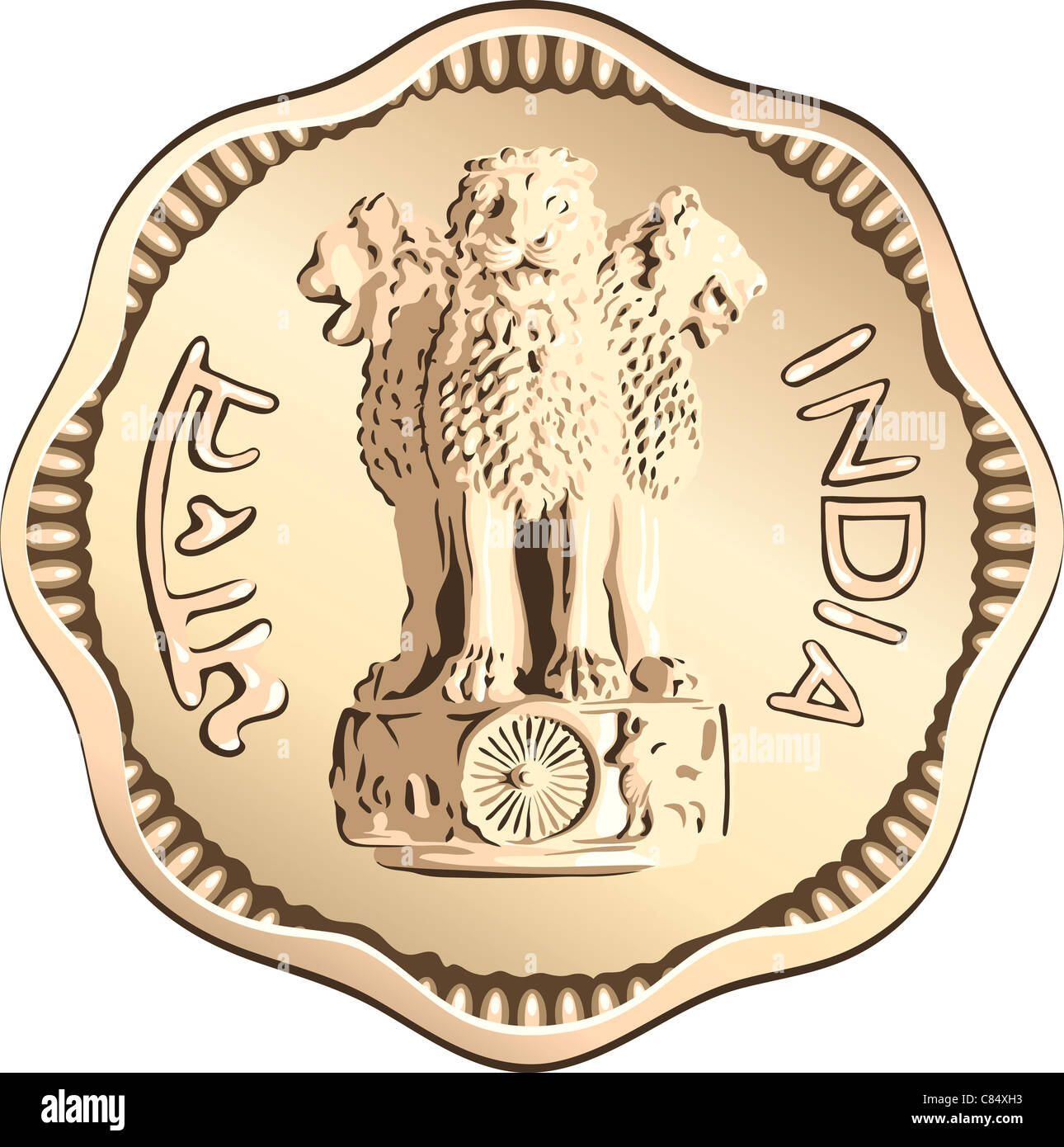 Indian rupee gold coin money with the lions of Ashoka Stock Photo