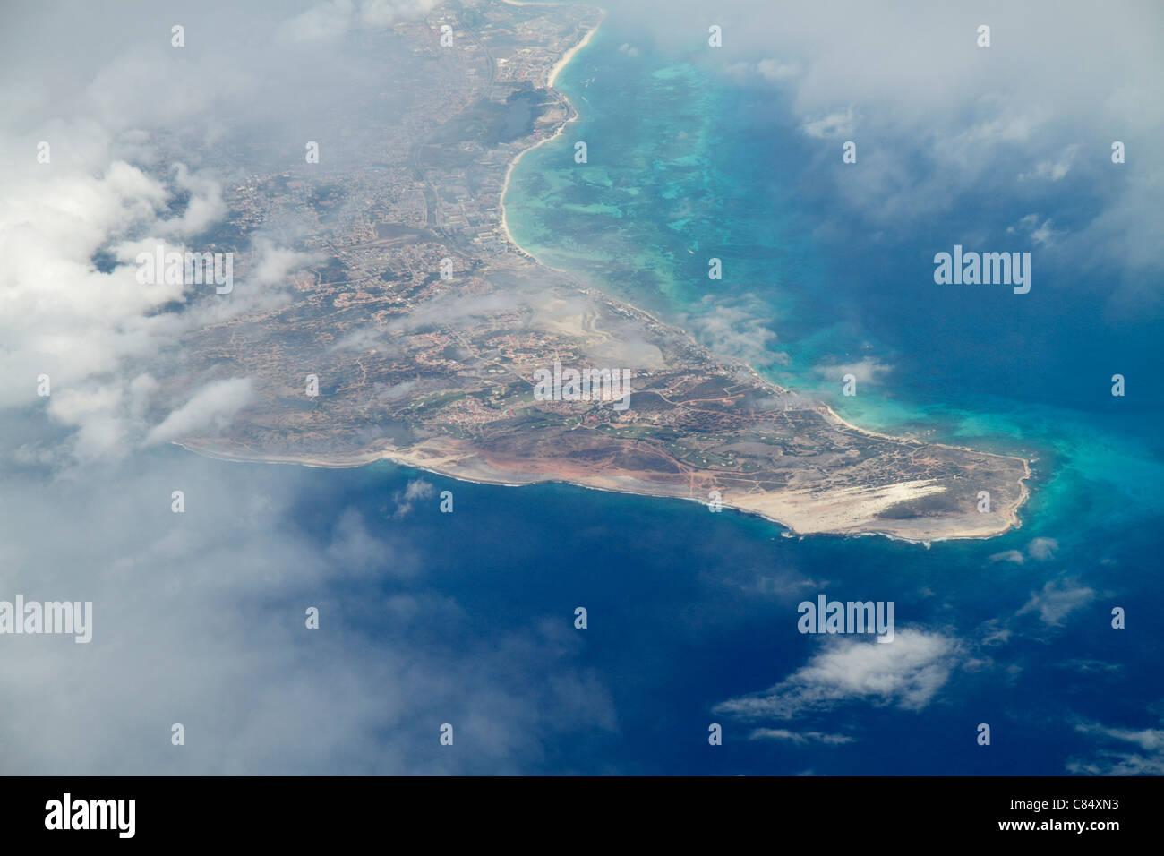 Aruba,Netherlands Lesser Leeward Antilles,ABC Islands,Dutch,Caribbean Sea,water,Arashi Bay,30,000 foot aerial view from,commercial airliner airplane p Stock Photo