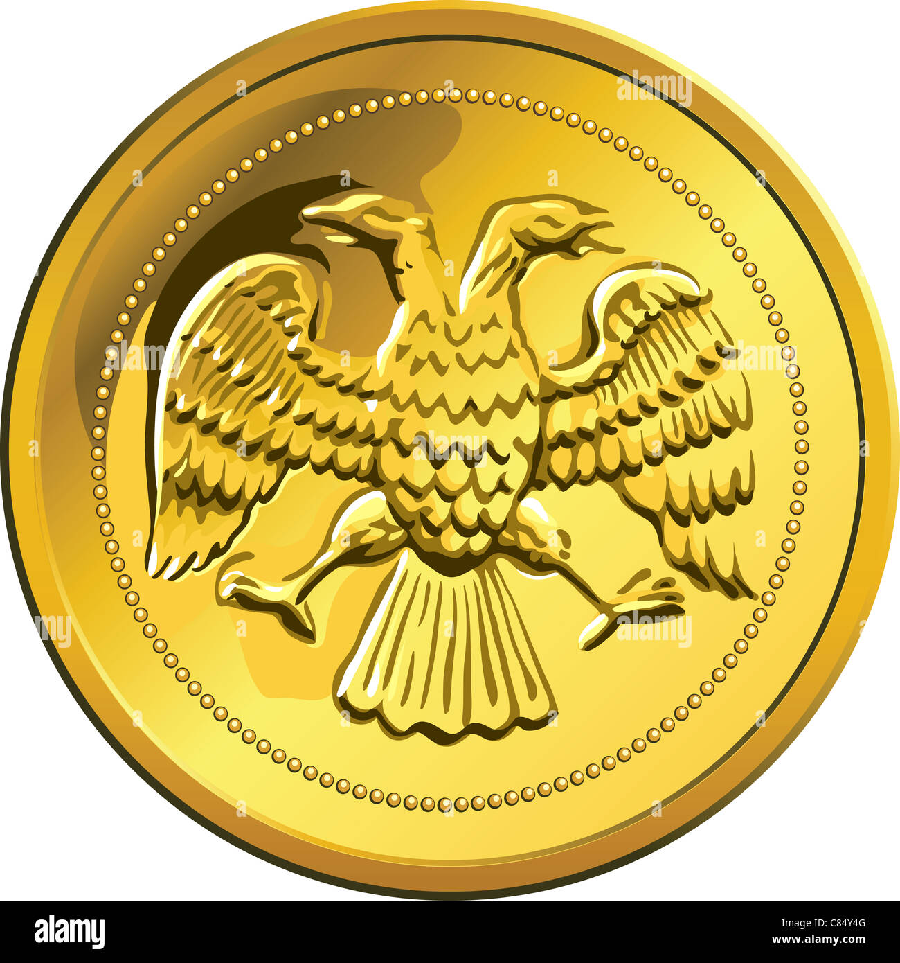Russian money ruble coin gold with doubleheaded eagle, isolated on