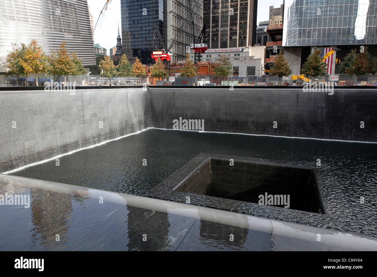 Waterfall inside of footprint of one of Twin Towers at 9/11 Memorial in ...