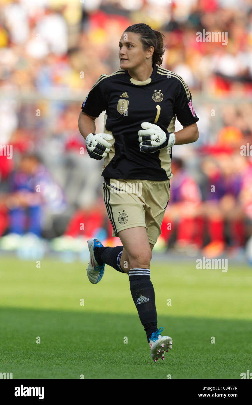Germany goalkeeper Nadine Angerer runs toward her goal during the opening match of the 2011 Women's World Cup soccer tournament. Stock Photo