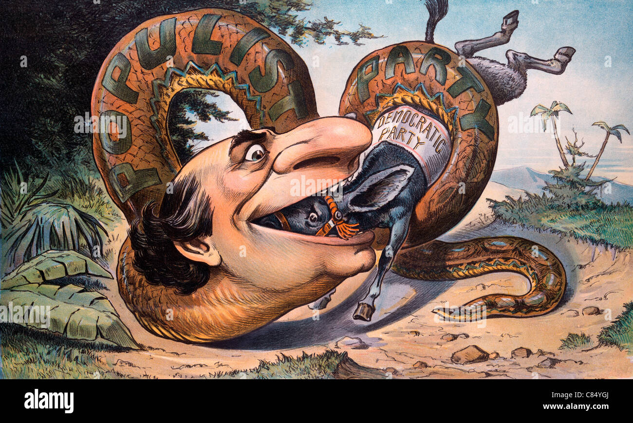 Swallowed! William Jennings Bryan as a large snake labeled 'Populist Party' entwined around a donkey labeled 'Democratic Party' Stock Photo