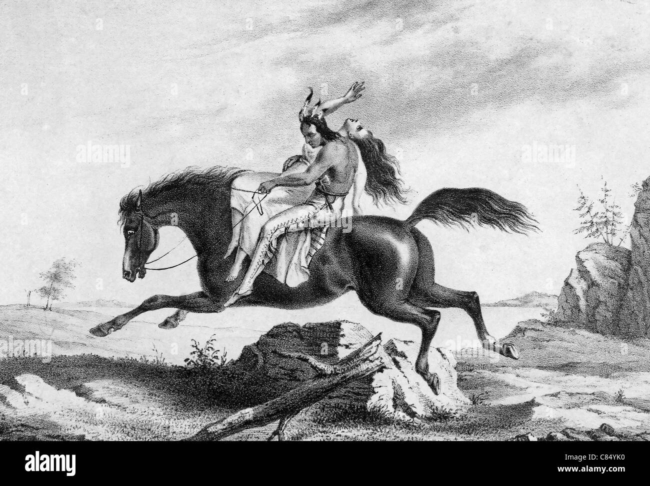 Print of American Indian man on horseback with struggling Caucasian woman, circa 1813 Stock Photo