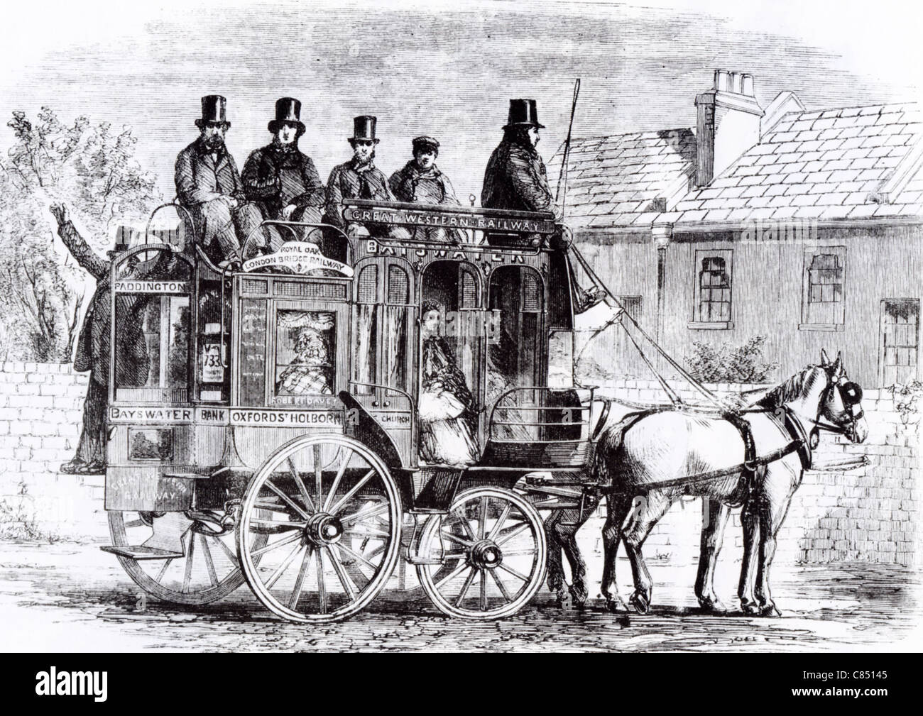 DE TIVOLI'S PATENT OMNIBUS running from Paddington Railway Station to London Bridge in 1860 Stock Photo