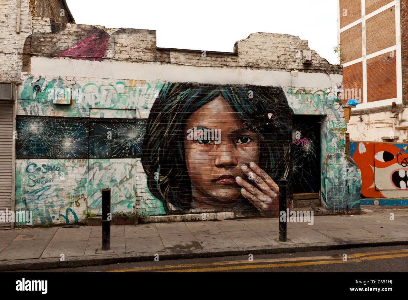 Street art by Cosmo Sarson, Hanbury street London, England.  ‘The image is of a Bangladeshi girl surrounded by decay' Stock Photo
