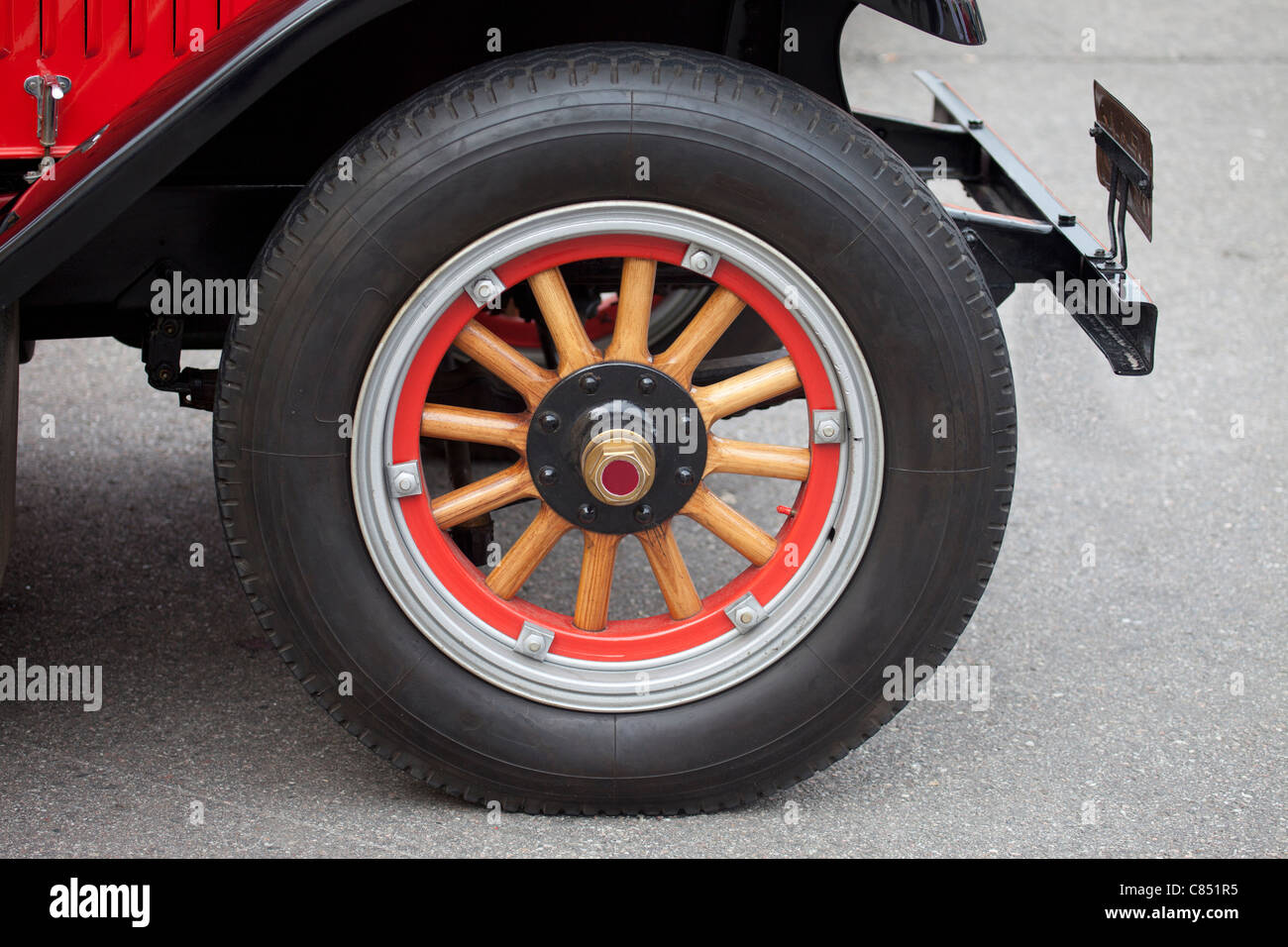 Old vintage fire engine. Wooden wheel detail Stock Photo