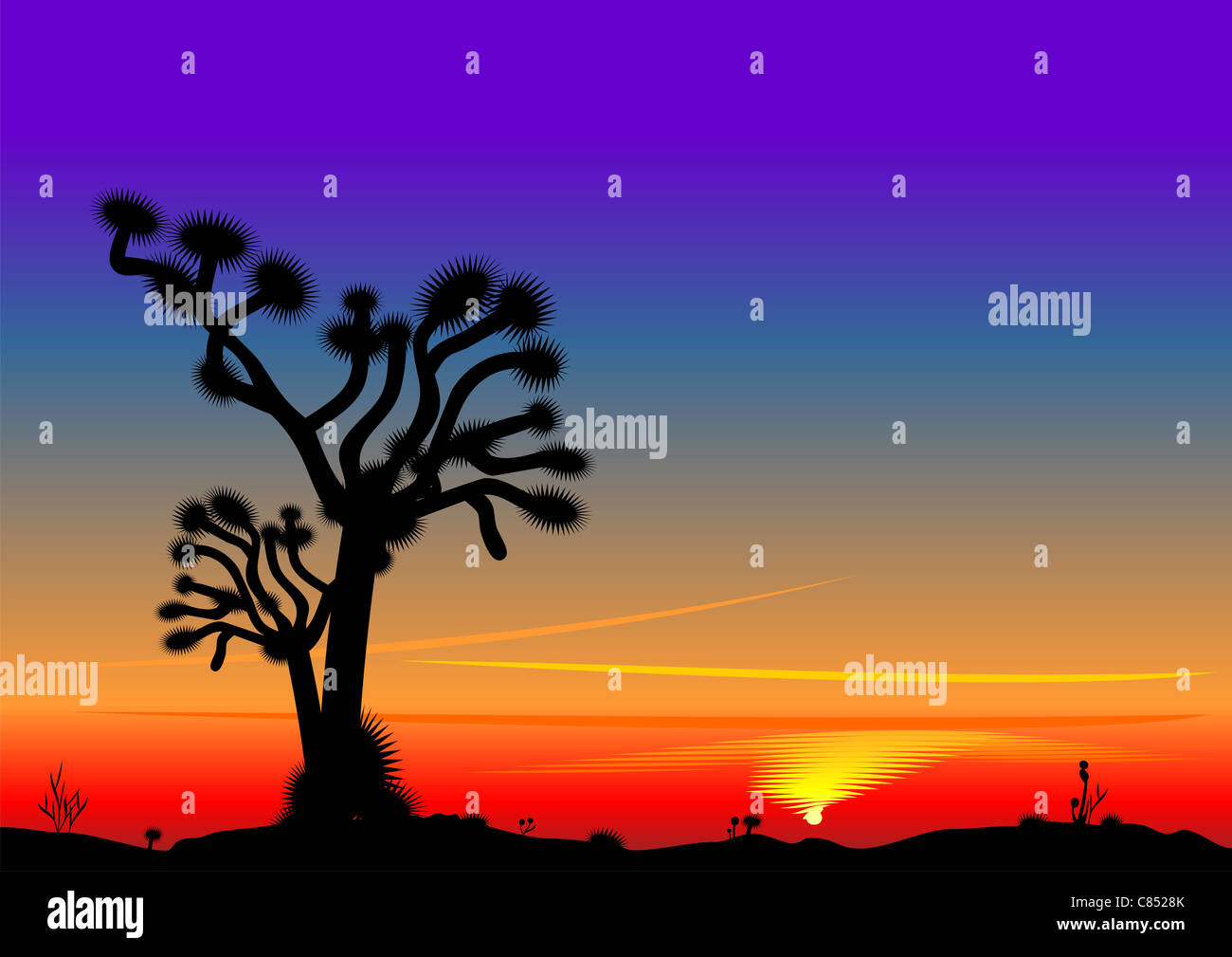 vector bright beautiful desert landscape with the setting sun and the ...