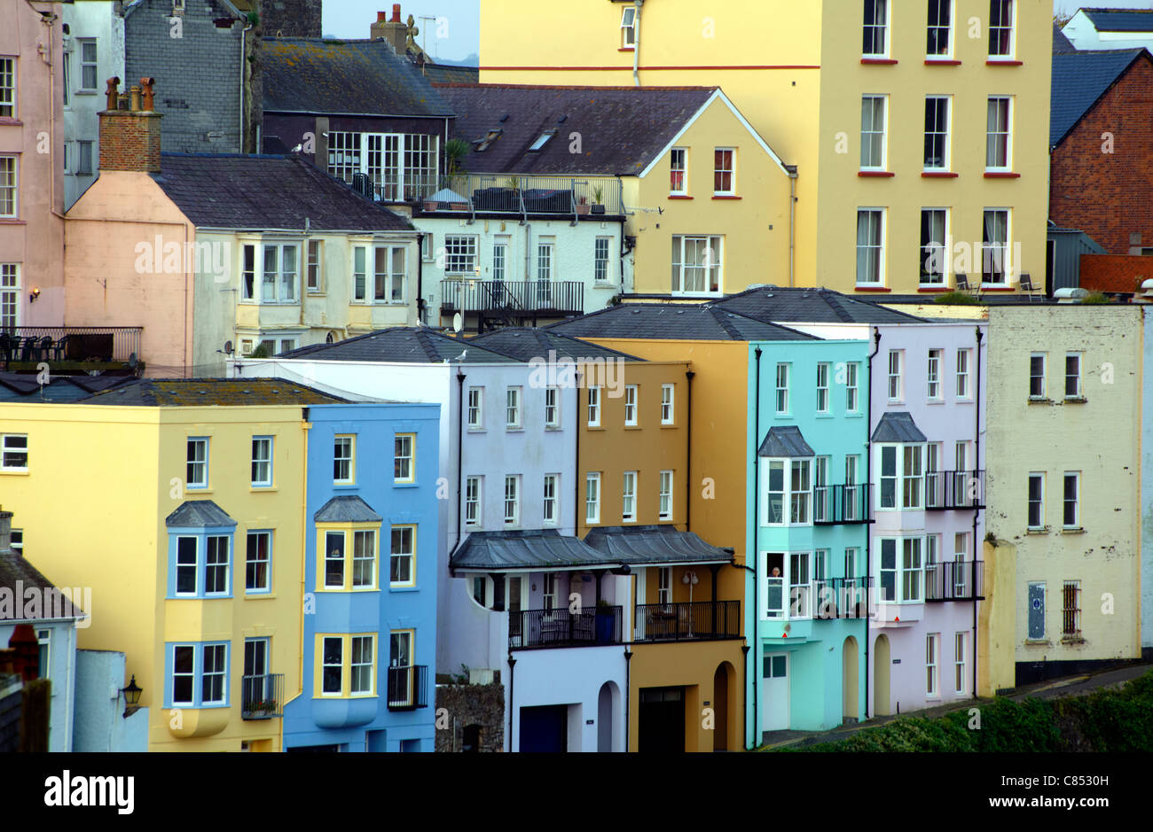Colourful houses around Tenby Harbour, Pembrokeshire, Wales Stock Photo