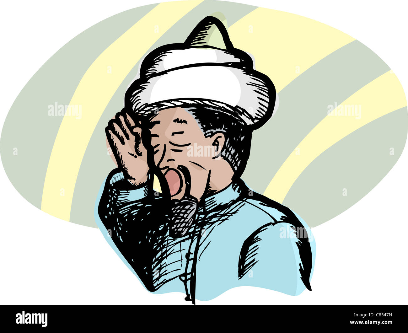 Muslim cleric raises right hand to ear as he recites the Islamic call to prayer. Stock Photo