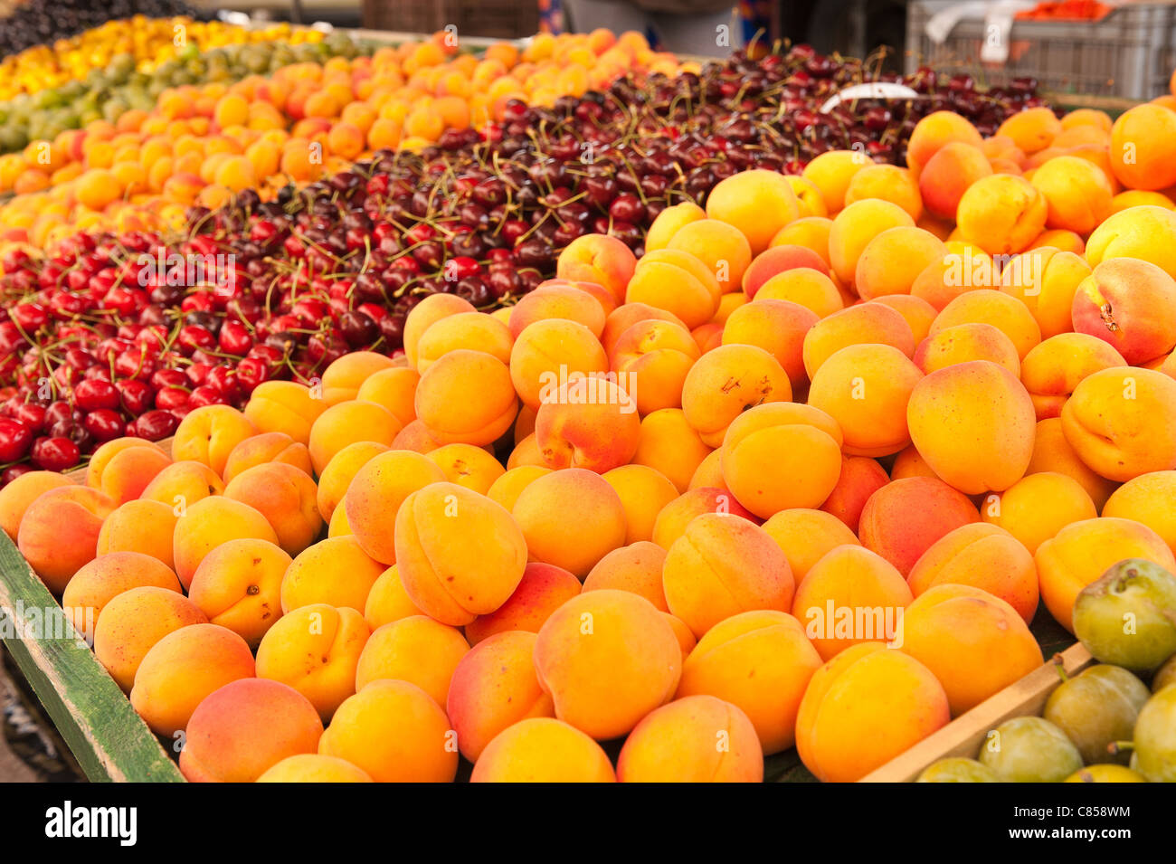Fresh organically produced fruit, apricots cherries greengages plums ...