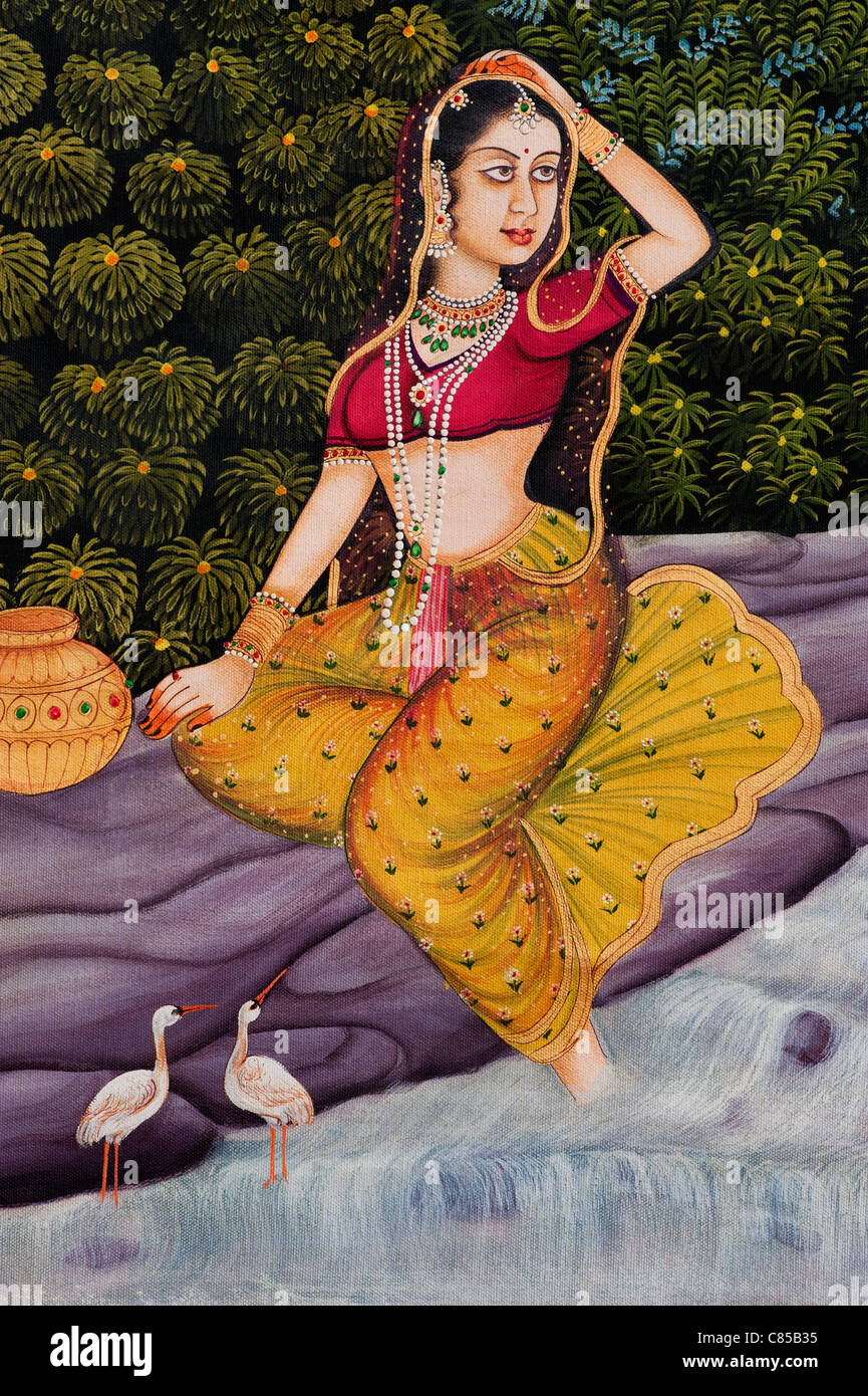 Traditional Indian oil painting on canvas of an Indian woman Gopi Stock Photo