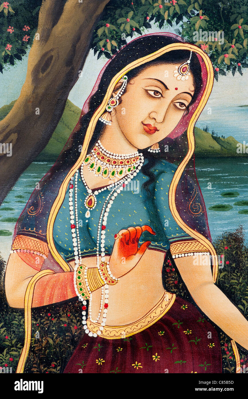 Traditional Indian oil painting on canvas of an Indian woman Gopi Stock Photo