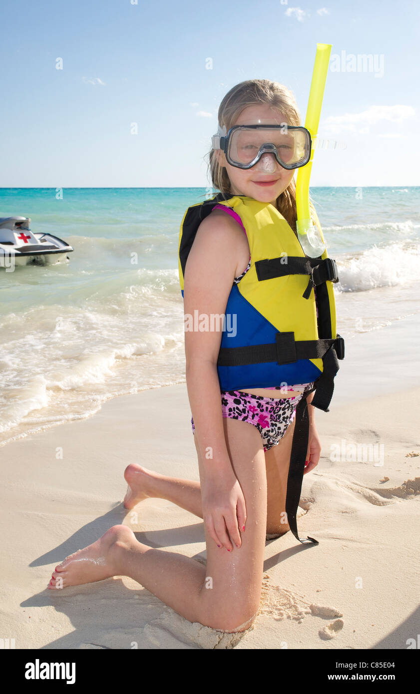 Girl in Snorkeling Gear on Beach, Reef Playacar Resort and Spa, Playa del Carmen, Mexico Stock