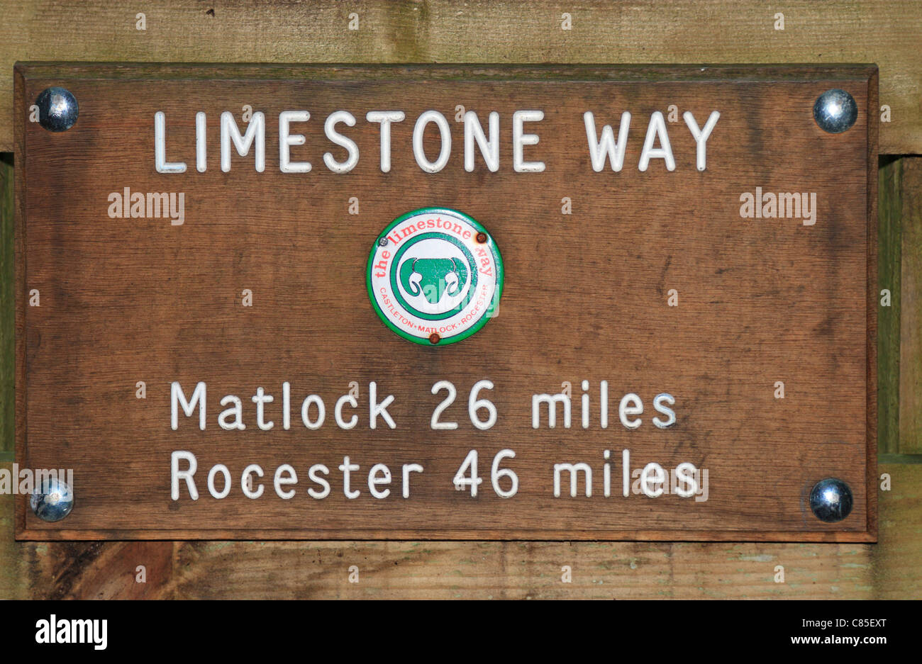 Limestone Way sign in Cave Dale, Castleton Derbyshire, Peak District National Park,  England, UK. Stock Photo