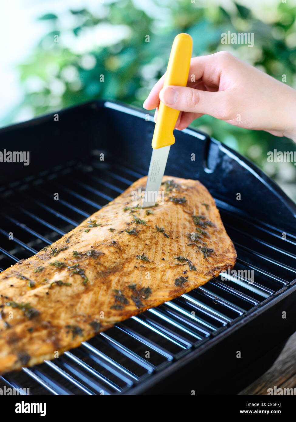 Woman Testing Doneness of Salmon on Barbeque Stock Photo