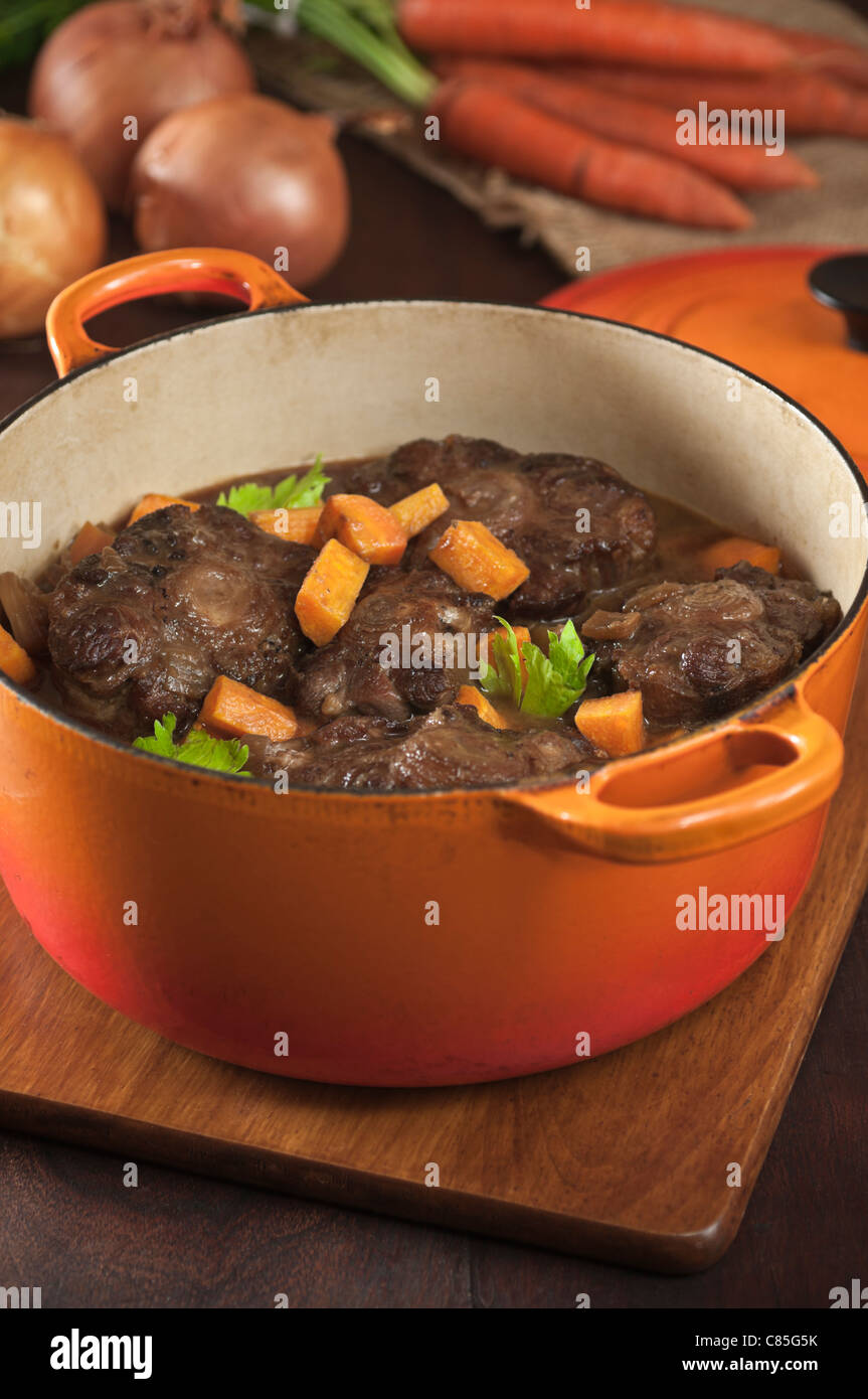 Braised oxtail in saucepan Stock Photo