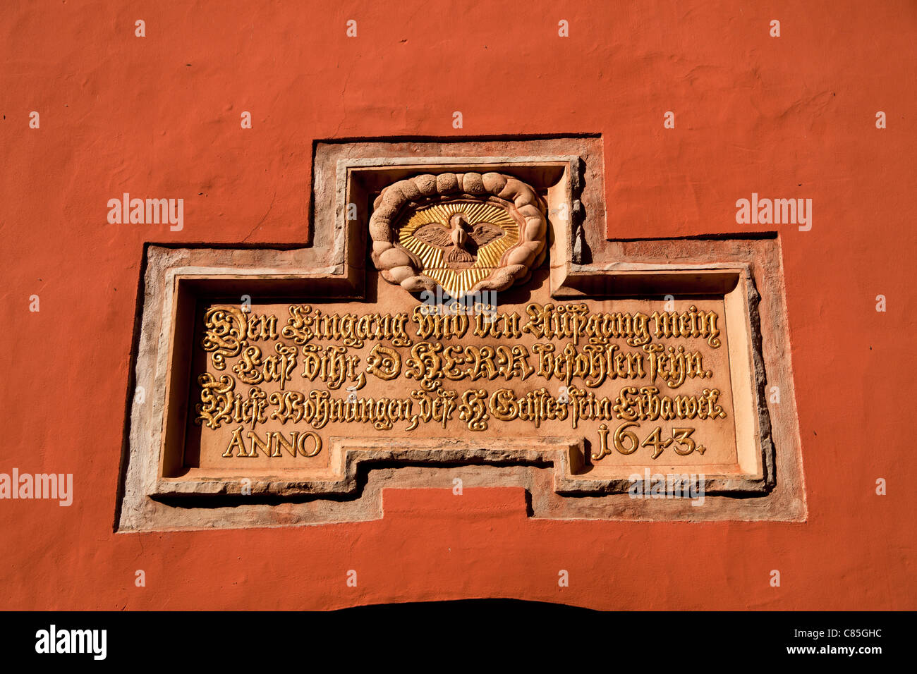 historic inscription from 1643 at the Heilgeisthospital, Hanseatic City of Stralsund, Mecklenburg-Vorpommern, Germany Stock Photo