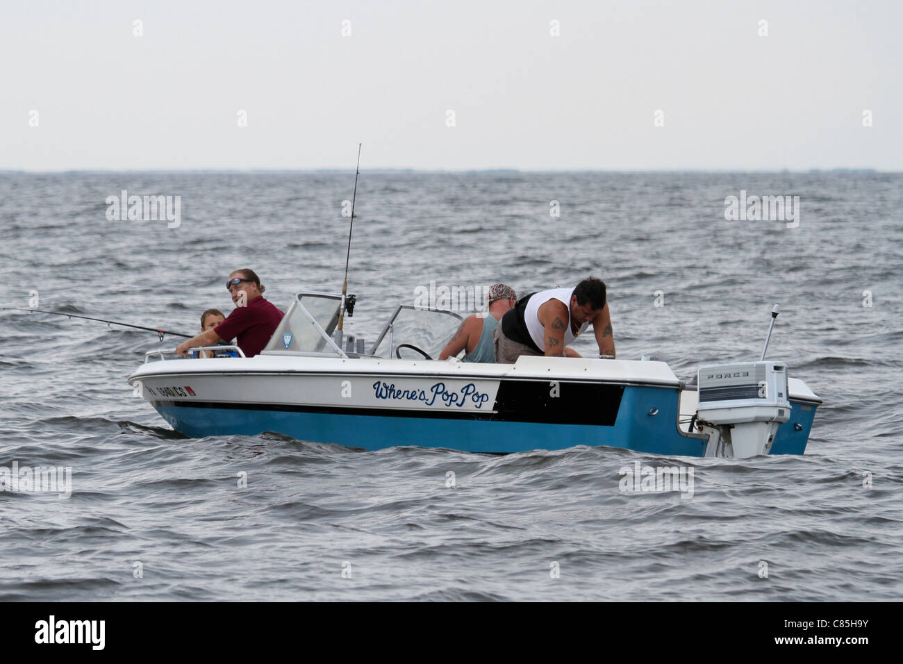 family fishing boat WHERE'S POP POP Stock Photo - Alamy