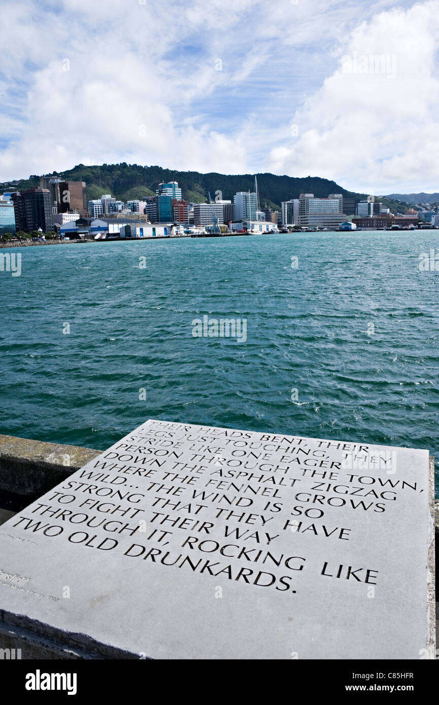 A Tablet Giving Thought to the Wind by Ketherine Mansfield on a Quayside Walk by Chaffers Marina Wellington New Zealand NZ Stock Photo