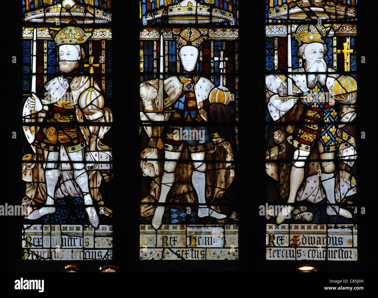 King Henry III, King Henry VI and King Edward III stained glass, St. Mary`s Guildhall, Coventry, UK Stock Photo